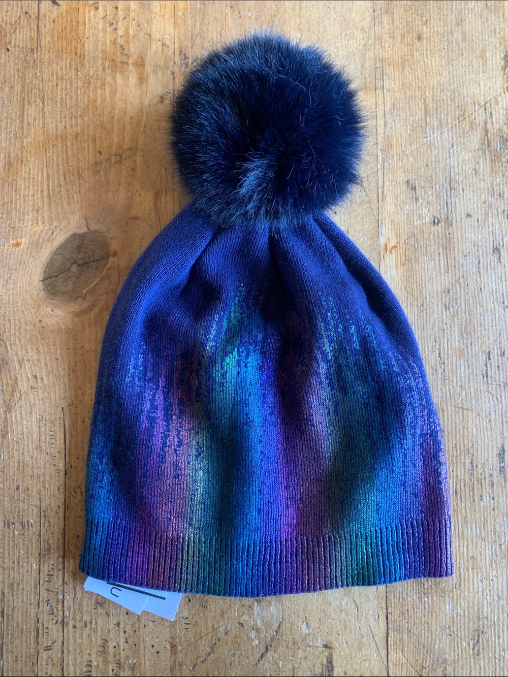 Adrienne Landau Womens Iridescent Navy Beanie with Pom